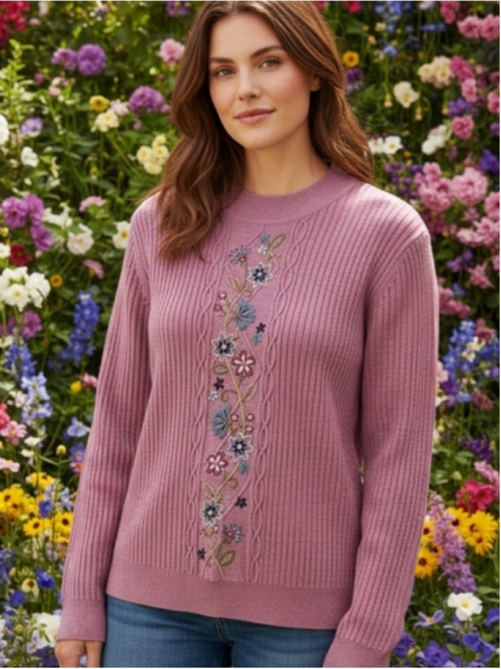 Alfred Dunner Pink Embroidered Crew Neck Sweater L